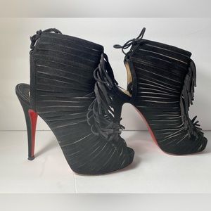 Christian Louboutin suede fringe bootie sandals pumps heels black 35